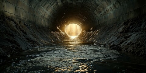 Fototapeta premium Dark tunnel with water flowing towards light.