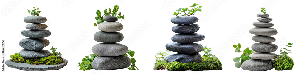 Wall mural stacked stones with green plants representing tranquility and balance transparent background