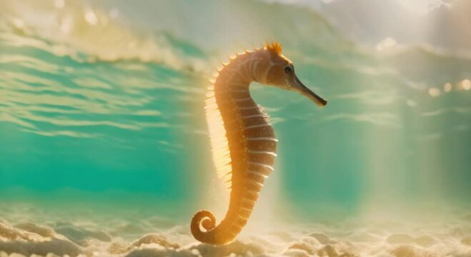  Seahorse swimming in open water, with soft rays of sunlight shining through