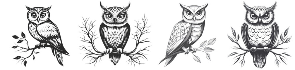 Fototapeta premium four detailed owl illustrations perched on branches black and white transparent background