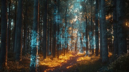 Obraz premium A digital forest scene with glowing trees and a vibrant path, blending nature and technology.