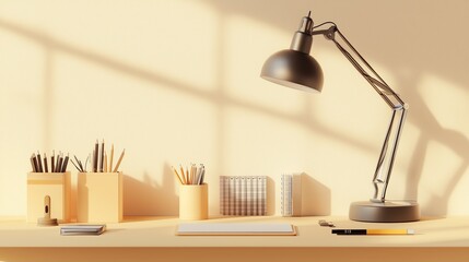 A well-organized workspace with a desk lamp, stationery, and notebooks illuminated by warm afternoon sunlight