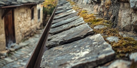 Stone roof with moss and blurred background.