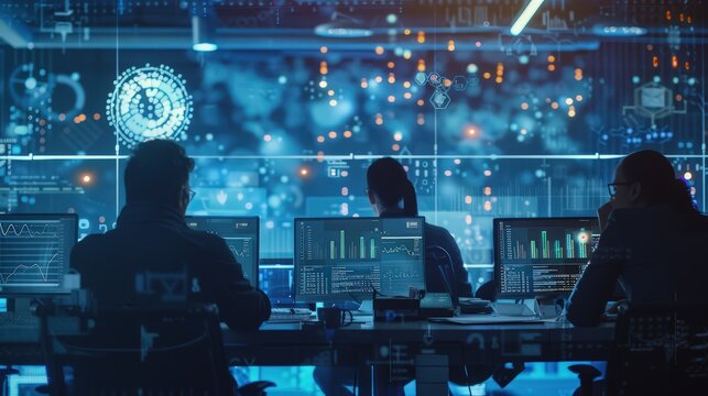 Professionals analyzing real-time data in a high-tech control room - Powered by Adobe