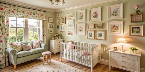 Delicate floral patterns and soft pastel hues adorn the walls of a charming English country cottage nursery, featuring a beautifully curated gallery wall with framed art and prints.