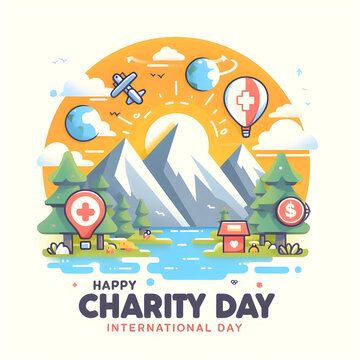 Happy International Charity Day Greeting With Mountain View and Many Objects. Charity Day Background Poster Ideas Vector Flat Design