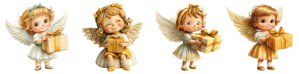 Cherubic children holding gift boxes with angel wings joyful celebration transparent background