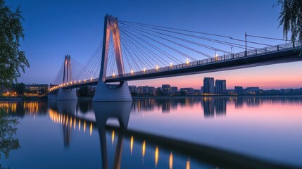 A serene view of a cable-stayed bridge illuminated at dusk, reflecting in calm waters.