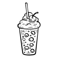 Bubble tea drink hand drawn doodle. Cocktail with tapioca balls, syrup, cream cherry. Plastic cup with straw. Sweet sugar water. Chilled street drink. Fast food. Vector sketch line art illustration.