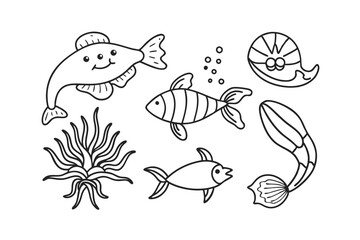 Set of shark Cartoon characters for illustration Black and white style Vector illustration of a cute Guppy doodle for kids colouring page