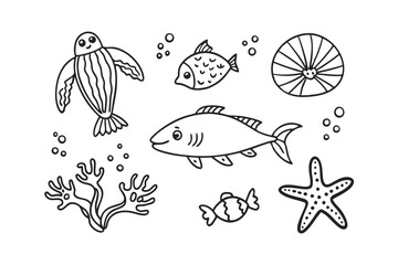 Set of shark Cartoon characters for illustration Black and white style Vector illustration of a cute Guppy doodle for kids colouring page