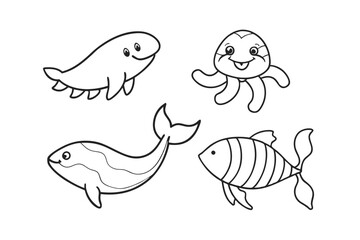 Set of shark Cartoon characters for illustration Black and white style Vector illustration of a cute Guppy doodle for kids colouring page