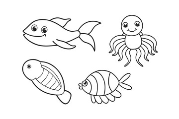Set of shark Cartoon characters for illustration Black and white style Vector illustration of a cute Guppy doodle for kids colouring page