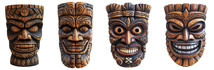 Four wooden tiki masks carved art colorful decorative elements transparent background