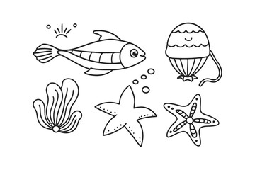 Set of shark Cartoon characters for illustration Black and white style Vector illustration of a cute Guppy doodle for kids colouring page