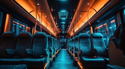 Obraz premium Interior of a modern bus with ambient lighting and comfortable seating.