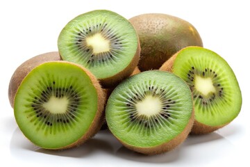 Fototapeta premium Whole and sliced kiwis spread across a white background, their green flesh and brown skin creating a bold, fresh contrast