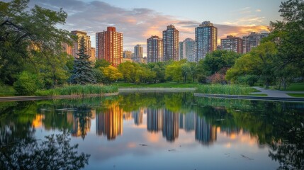 Obraz premium A serene park scene with a pond reflecting city buildings and lush greenery at sunset.