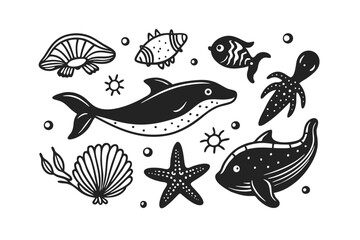 Set of shark Cartoon characters for illustration Black and white style Vector illustration of a cute Guppy doodle for kids colouring page