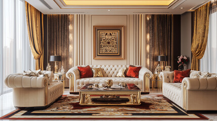 Lavish interiors with gold accents, intricate mosaics, and luxurious textiles, blending traditional Middle Eastern interior design with modern luxury.