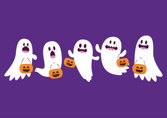 Cute ghost floating with Halloween pumpkin basket for Trick or Treat. Funny spooky boo character. Spook phantom with happy smiling face expression. Isolated kids flat vector illustration.