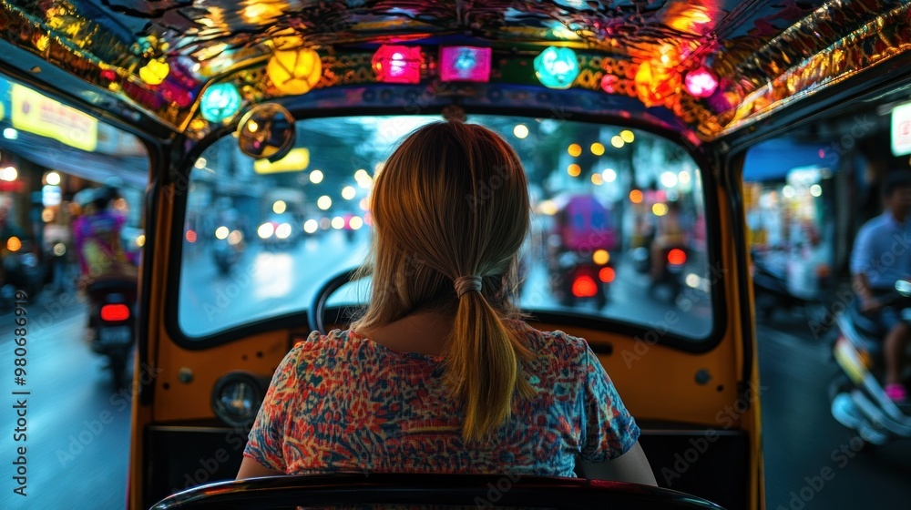 Wall mural A vibrant tuk-tuk ride through a bustling street at night, showcasing colorful lights.