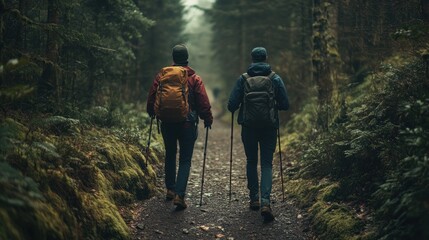 Obraz premium Two hikers walking on a forest trail surrounded by greenery and mist.