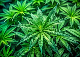 Vibrant green marijuana leaves fill the frame, subtly blurring in the background, creating a soothing and natural texture with a calming cannabis-inspired atmosphere.
