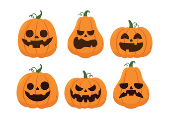 Pumpkin head set. Cute and scary Halloween pumpkin monster set. Holidays cartoon character in flat style collection.
