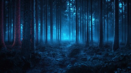Fototapeta premium A mystical forest scene illuminated by blue and red lights, creating an eerie atmosphere.