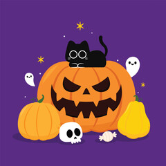 Trick or treat. Happy Halloween greeting card with cute pumpkin. Holidays cartoon character. Halloween pumpkin head vector.