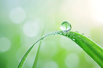 A macro shot captures a vibrant green leaf adorned with glistening dewdrops, reflecting the morning sun