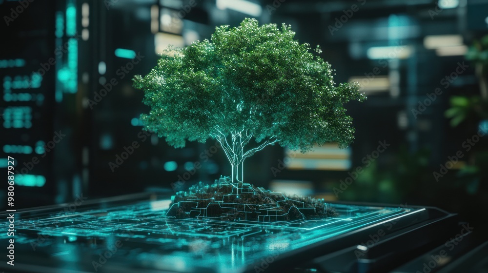 Wall mural a digital representation of a tree, symbolizing growth and technology in a futuristic setting.