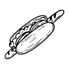 Hot dog hand drawn doodle. Sandwich with hot sausage. Fast food to go. Grilled meat sausage in a bun. Order in a cafe. Lettuce, tomatoes. Sauce mustard, ketchup. Vector sketch line art illustration.