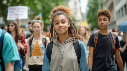 Young activists march for social change in a vibrant city during a sunny afternoon
