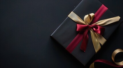 A captivating business gift holiday picture set against a black background. There are beautifully wrapped gifts with shiny ribbons and bows. Some gifts might be in boxes, while others are in bags