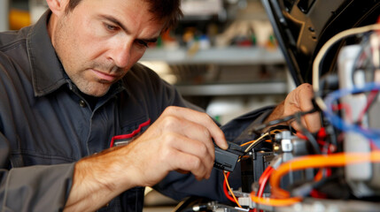 A skilled technician repairing a car's electrical system at an automotive workshop in the afternoon