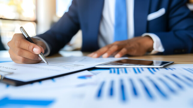 Confident businessman signing a contract, surrounded by financial documents, symbolizing price guarantees and business security.