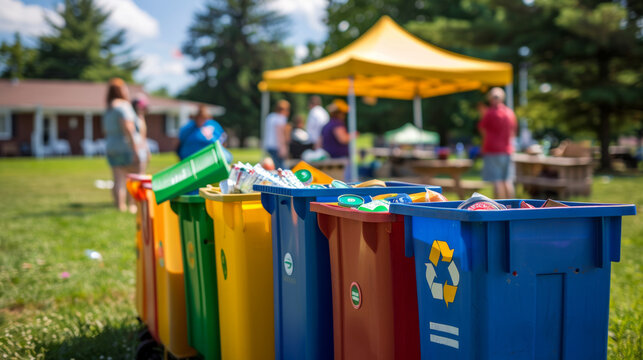 Colorful recycling bins at a community event promoting sustainability and environmental awareness during a sunny outdoor gathering