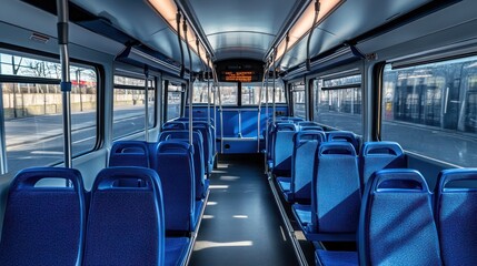 Obraz premium An empty bus interior showcasing blue seating and a clean, modern design.