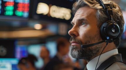 Professional market analyst wearing a headset, focused on data analysis in a busy financial trading environment