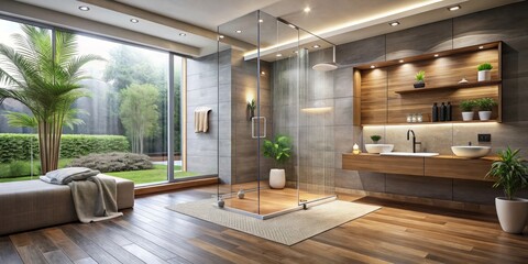 In this opulent bathroom, a walk-in shower dominates the room, featuring a rainfall showerhead and walls clad in