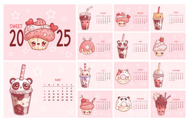 Sweet calendar 2025. Cute kawaii character donut, cupcake and milk shake, bubble tea. Vector horizontal monthly printable planner organizer. Cover and 12 month pages English. Week from Sunday