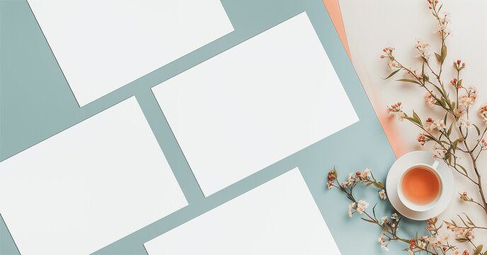 a4 mockup 4 pages on a table with a cup of tea and branch