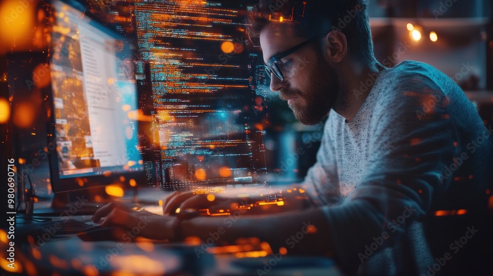 Canvas Prints A focused individual working on a computer, surrounded by digital data visuals.