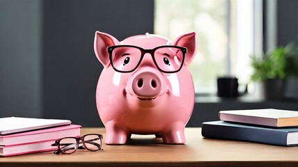 Adorable pink piggy bank wearing glasses, symbolizing savings, financial growth, and smart investments