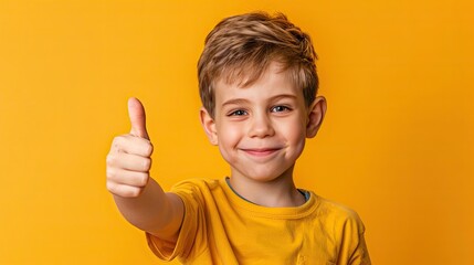 Smiling young boy giving thumbs up, on a solid color background.