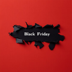 Black torn paper and the text black friday on a red background. Black Friday composition.
