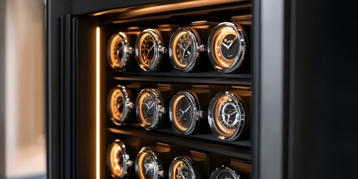 A watch winder with multiple luxury timepieces.