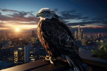Fototapeta premium Professional Landscape Photos A majestic eagle with beautiful feathers and a dark tail, dancing flamenco on the rooftop, dazzling and colorful city views, as the sun rises and the lights twinkle below